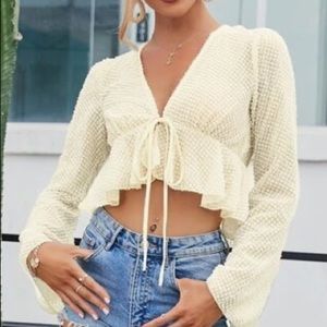 Bell Sleeve Tie Front Glitter Peplum Top